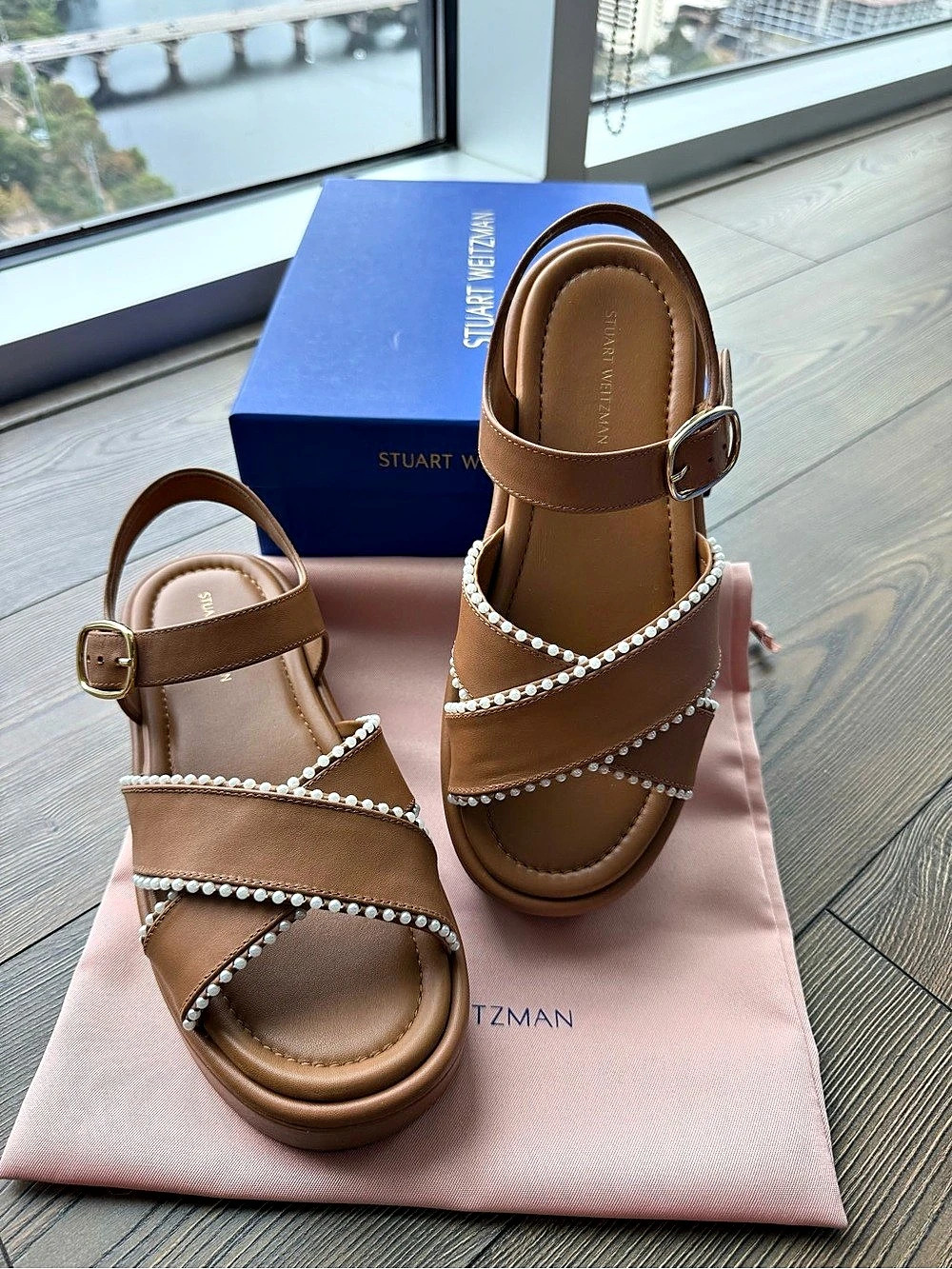 Stuart Weitzman Pearl Slide Leather Sandal Platform Sandals in Brown